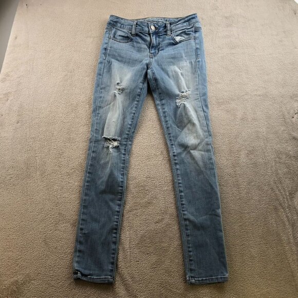 American Eagle Womens Jeans Size 2 Slim Straight Jeggings Distressed Blue Denim - Picture 14 of 15